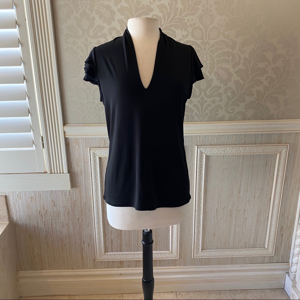 Chelsea & Theodore L deep v flutter cap sleeve top